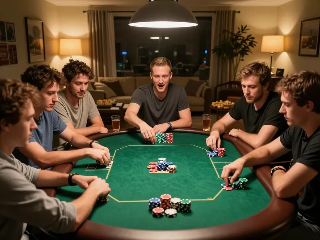 Players engage in an exciting home poker night while using abc8go for strategic betting.