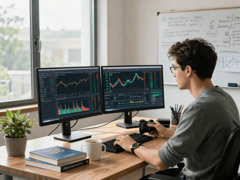 Trader analyzing market data on metatrader 5 in a modern home office, focused on dynamic charts and analytics tools.