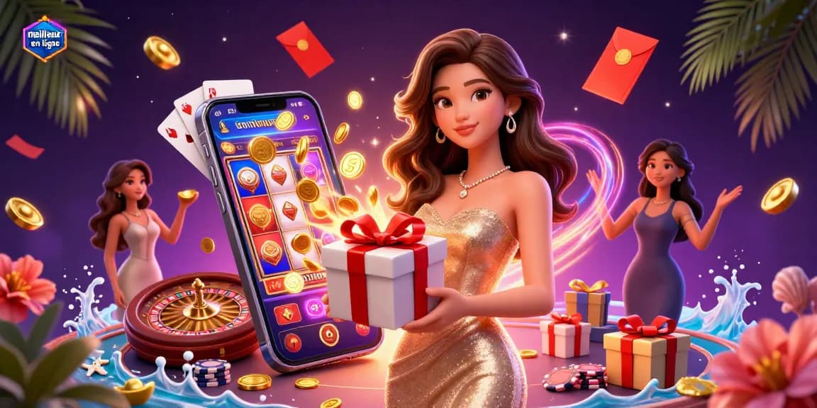 Engage with the excitement of meilleur casino en ligne featuring a stunning woman celebrating with golden coins and casino elements.