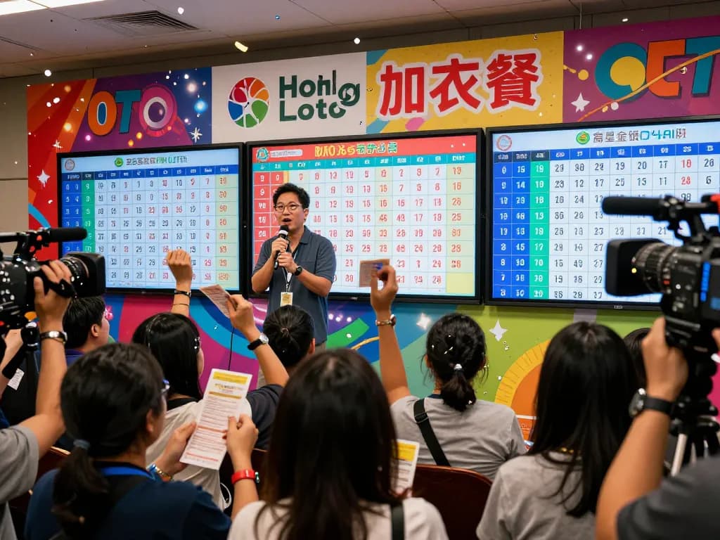Excited participants celebrating at a Hongkong Lotto live draw event, showcasing vibrant displays and cheering audience.