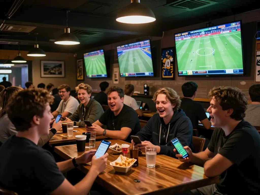 Engaging scene of sports fans placing bets on luongsontv while enjoying live football matches in a lively bar.
