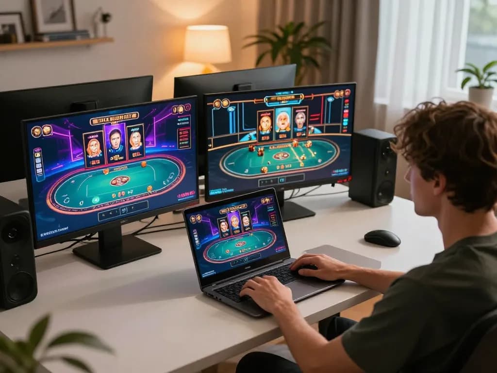 Engaging player using RIKVIP casino app on laptop, showcasing live dealer games in a cozy setting