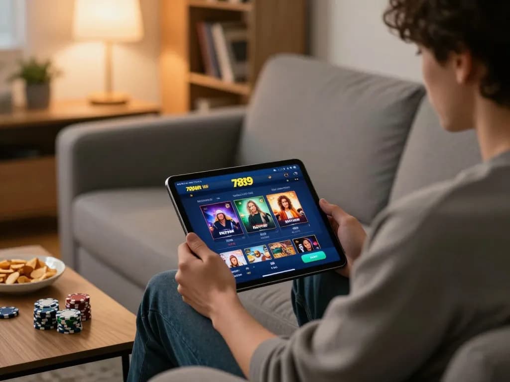 Engaged player enjoying 789win vip online casino on tablet in a cozy home setting.