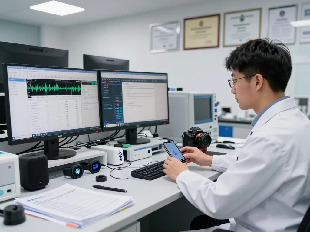 Engineer conducting Bluetooth testing in a state-of-the-art lab