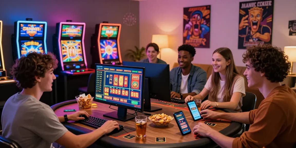 Friends enjoying online casinos that accept credit cards, playing games together in a lively home atmosphere.