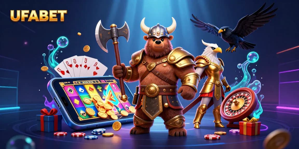 Play exciting slots at UFABET with a vibrant 3D illustration showcasing action and rich gaming elements.