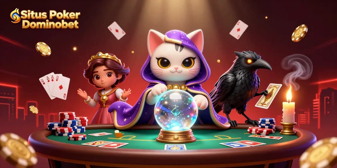 Situs Poker Dominobet - Experience thrilling poker action with rich visuals of cards and chips in an enchanting scene.