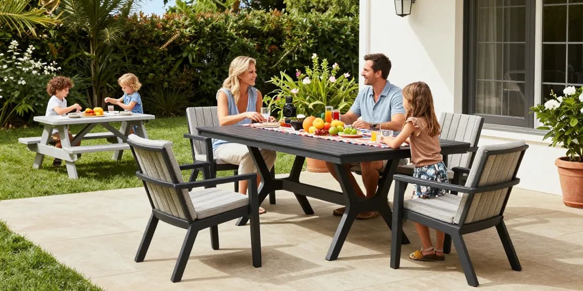 Weather resistant patio furniture at a vibrant family gathering outdoors, showcasing stylish designs and comfort.