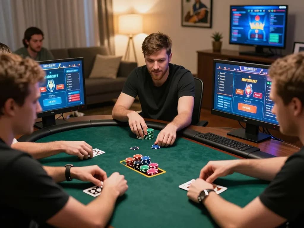 Vivu88 players strategizing during an exciting online poker game in a cozy home setting