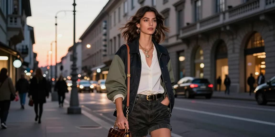 Services photographiques de mode à Milan : modèle en tenue élégante à Milan, ville lumineuse en arrière-plan.