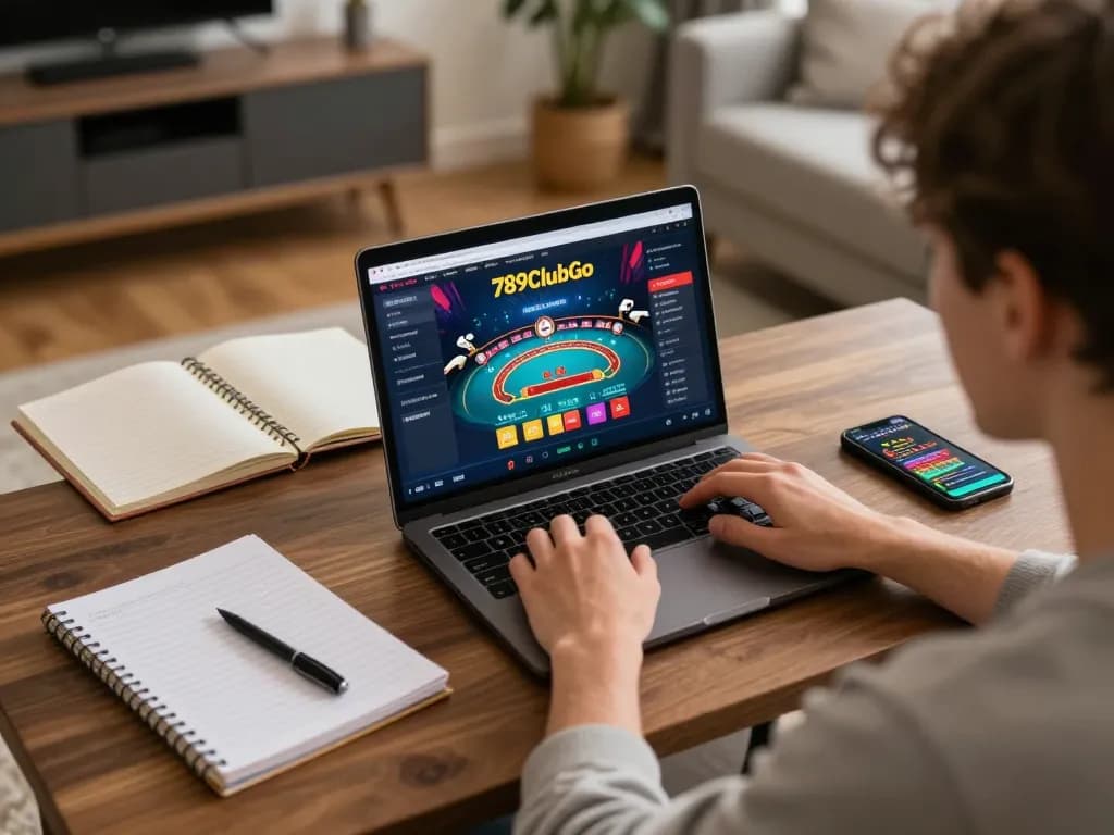 Engaging in online casino gameplay on the 789clubgo platform with a cozy home setup