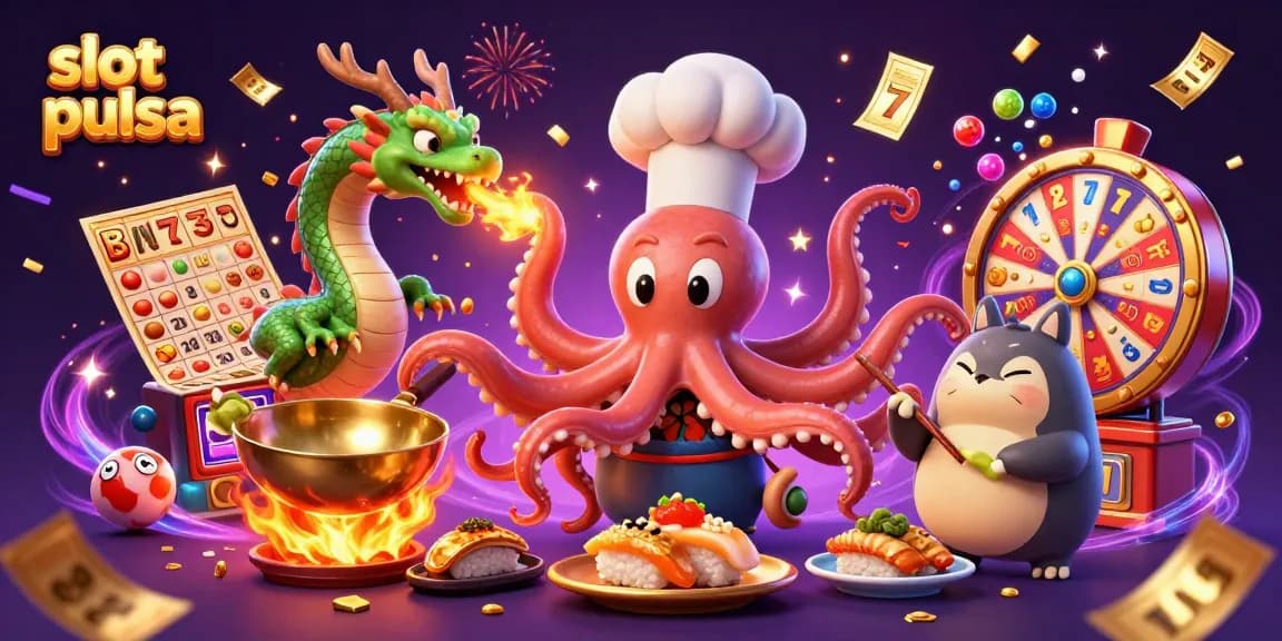 Menangkan jackpot slot pulsa dengan fitur permainan menarik dalam ilustrasi 3D yang penuh warna.