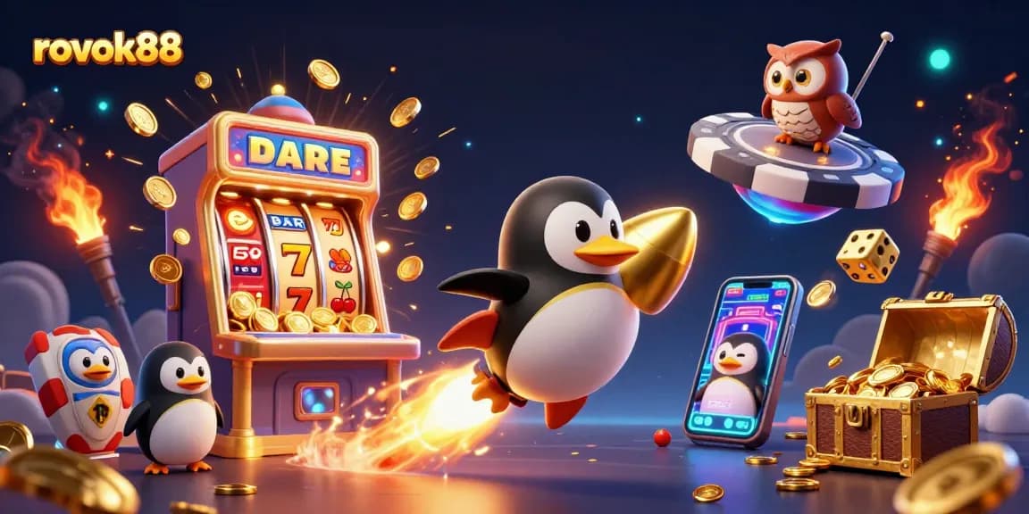 Experience the thrill of rokok88 with a vibrant 3D casino illustration showcasing exciting gaming elements.