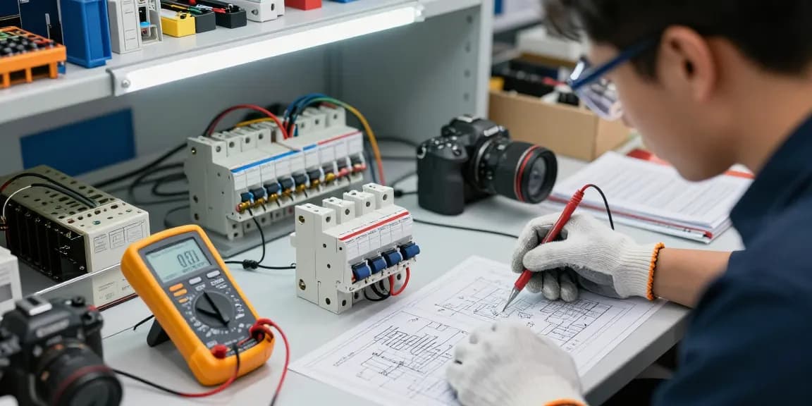 Engineer examining a DC circuit breaker at a well-equipped workshop, highlighting safety and precision.
