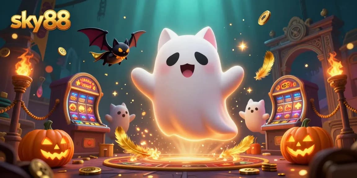 Engage with sky88's thrilling gaming experience featuring vibrant casino elements and playful ghost characters.