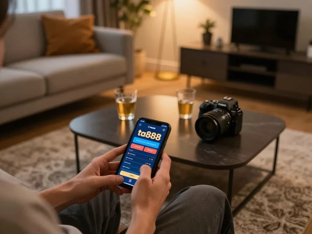 Player enjoying mobile betting on the ta888 app in a cozy living room with drinks