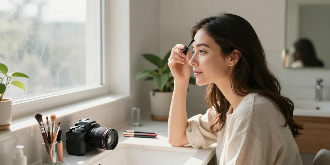 Using the Skone Cosmetics Brow Wand for a flawless brow look in a naturally lit bathroom.