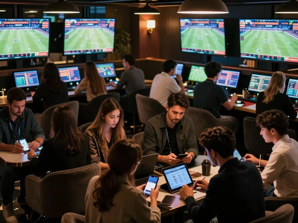 Sports enthusiasts placing bets on Bongdallu's platform in a stylish lounge.