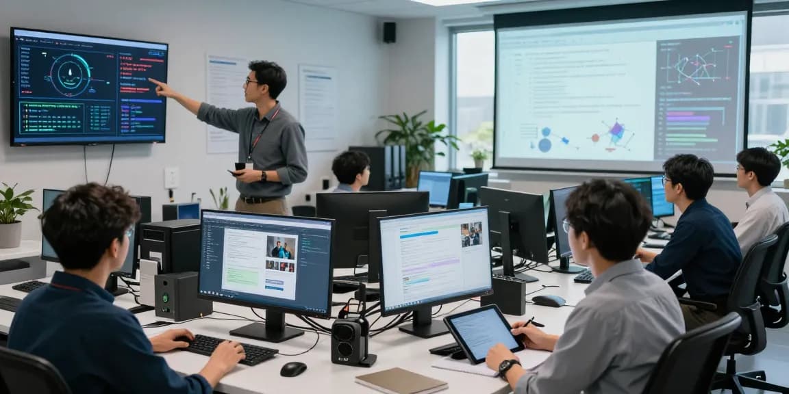 AI detector researchers analyzing data in a modern lab.