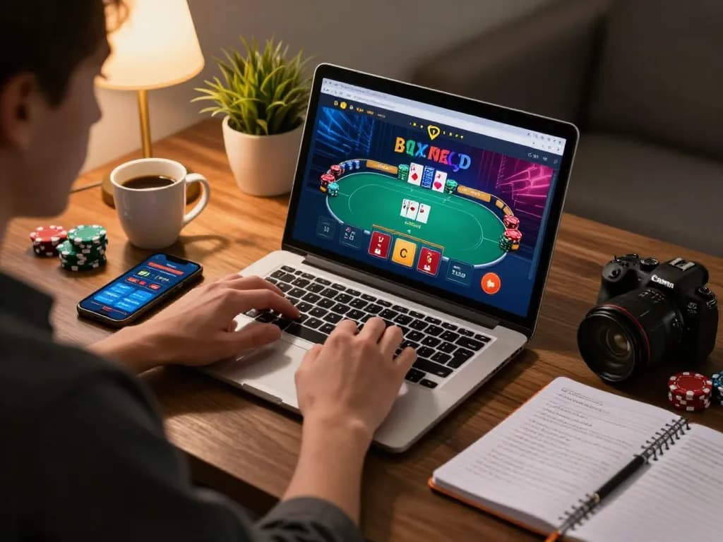 Intense player strategizing on laptop for XX88 online casino gaming, showing vibrant poker hand.