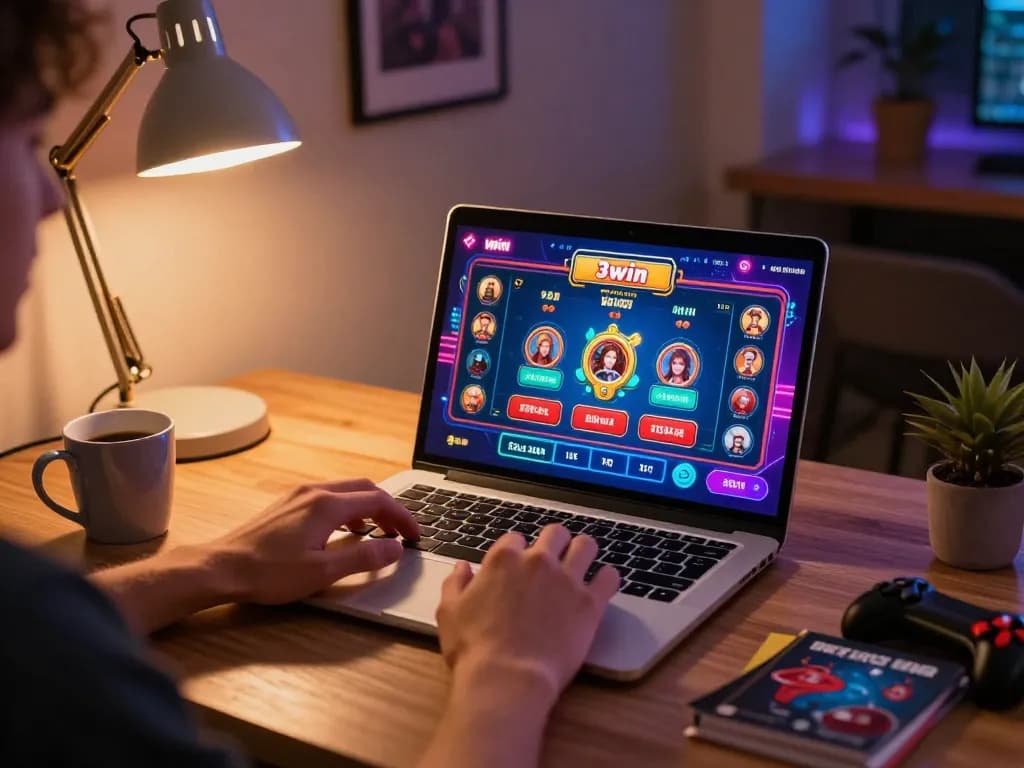 Player enjoying online games on 3win platform with vibrant interface and cozy setup