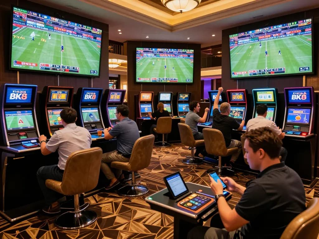 Engaging sports betting action at BK8 with enthusiastic fans placed bets in an upscale lounge.