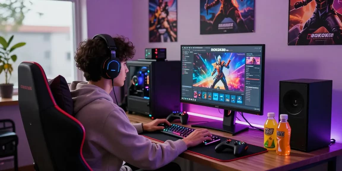 Gamer exploring rokok88 platform with vibrant gaming setup and stylish decor.