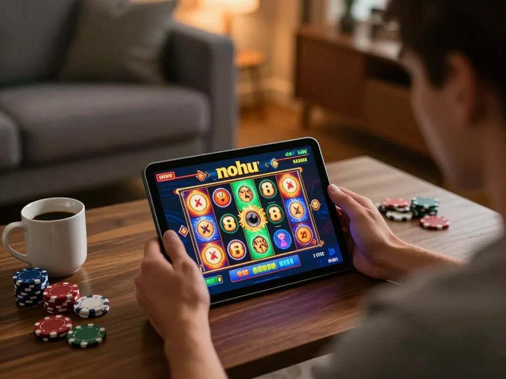 Nohu gaming: Player enjoying a thrilling nohu slot experience on a tablet in a cozy living room