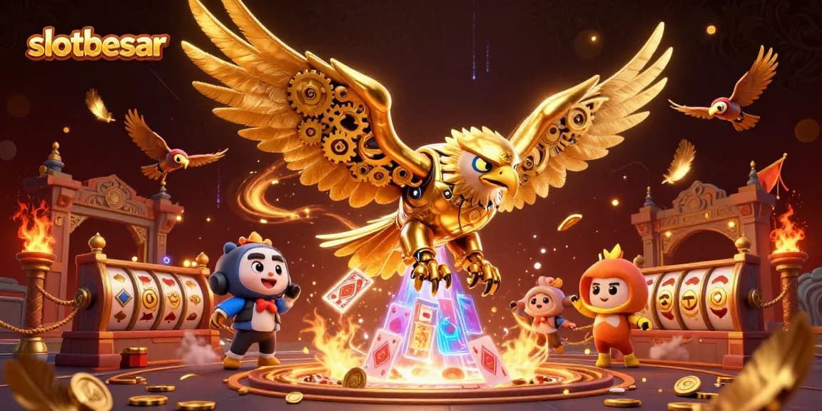 Slotbesar casino illustration with a cybernetic eagle diving through playing cards and dynamic gaming elements.