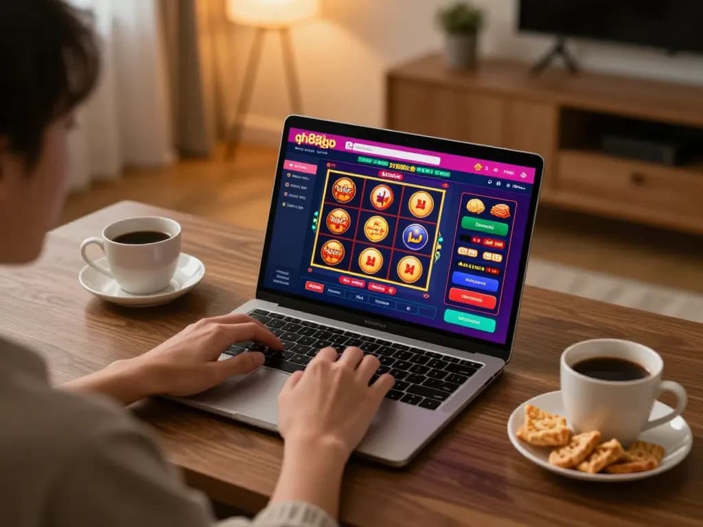 Engaging in exciting slot gameplay on qh88go from a cozy home setup with snacks and warm lighting.