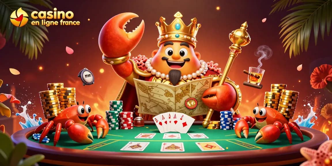 Jouez sur casino en ligne France avec un crabe doré et des jetons colorés dans une ambiance riche et animée.