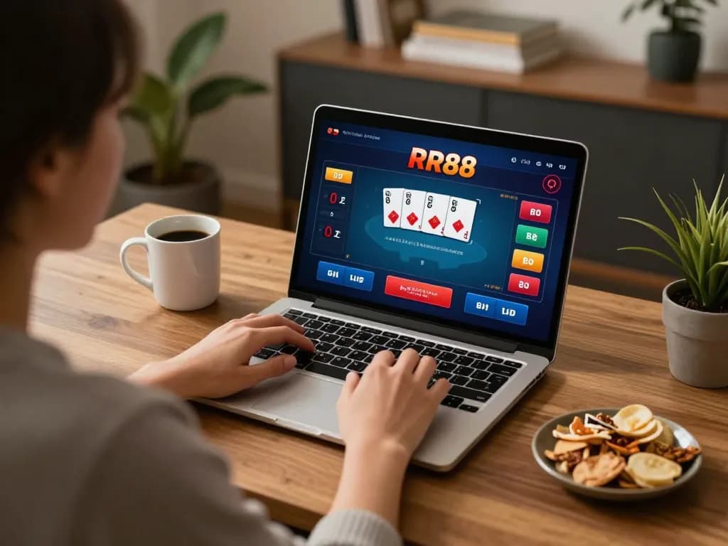 Engaging player enjoying poker on RR88 online casino from modern home setup with warm lighting