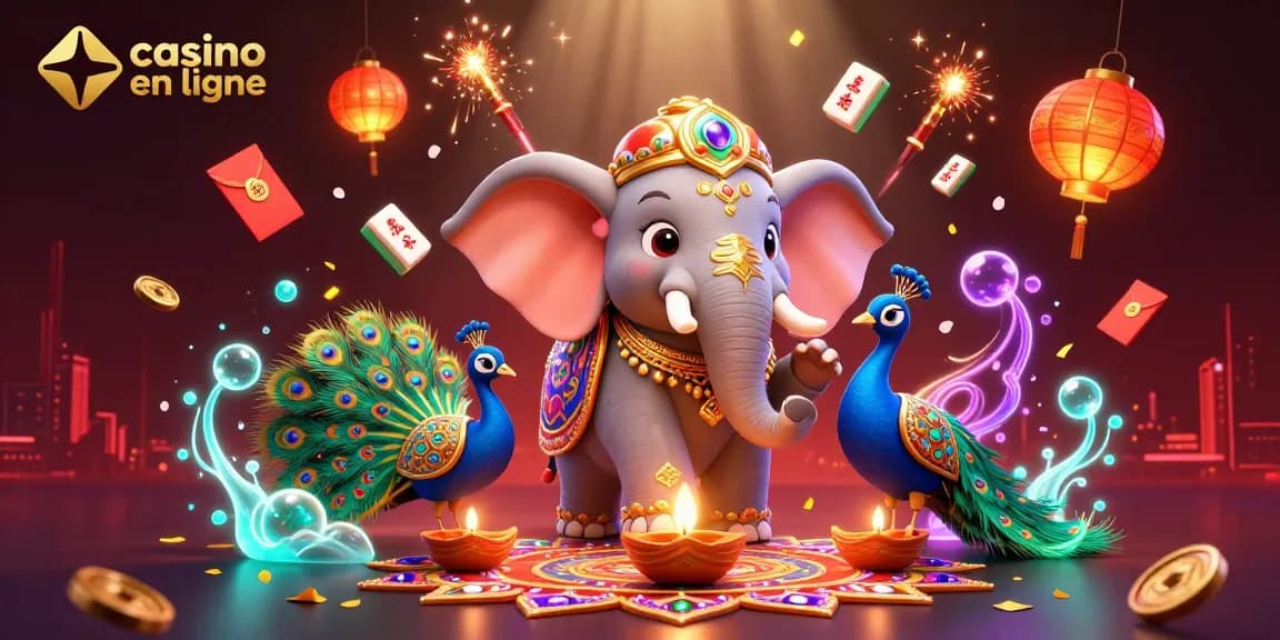 Visitez le casino en ligne avec des machines à sous, un éléphant orné et un paon vibrants dans une scène artistique colorée.