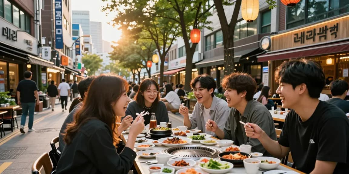 Gathering at 상봉동 한국관, friends enjoying Korean BBQ in a vibrant urban setting.