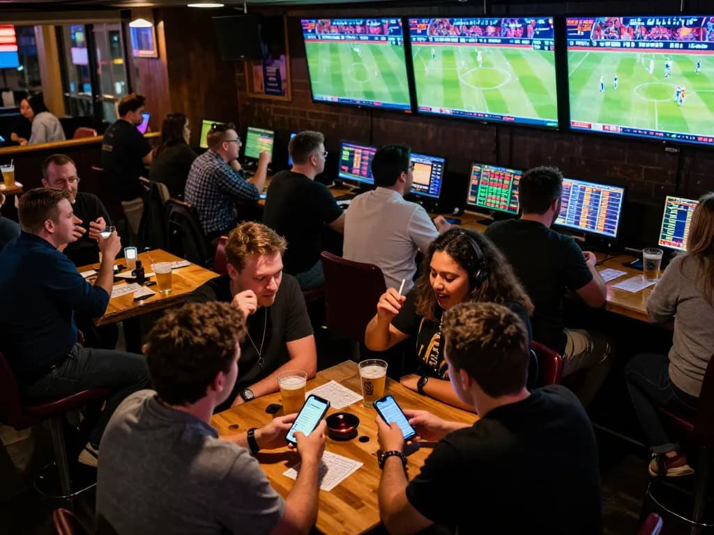 Experience the excitement of sports betting at hay88x with vibrant bar atmosphere and engaged patrons.