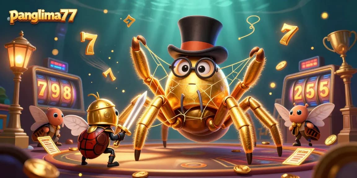 Panglima77 showcases an excited golden tarantula weaving a web in a vibrant casino scene filled with dazzling slot elements.