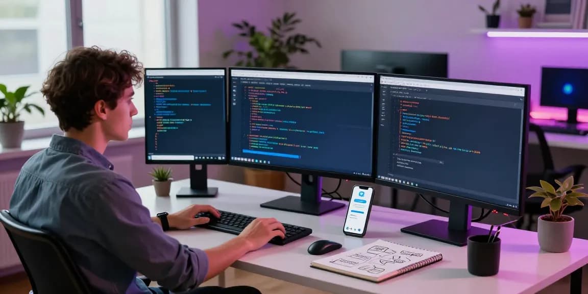 Engaging workspace showcasing the software development process for teiegramin.com with Telegram app interface and coding.