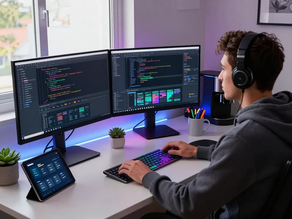 Moltbot software developer coding in a dynamic tech workspace with dual monitors showing real-time code.