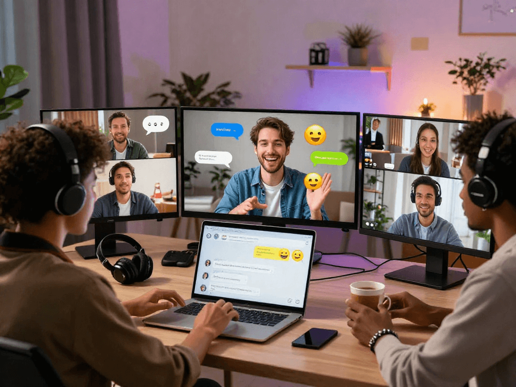 Engaging virtual chat room with diverse participants discussing porn chat ai, showcasing lively interaction and digital elements.
