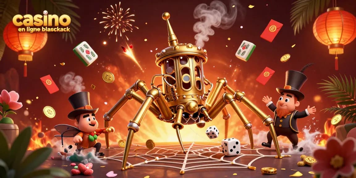Profitez de l'expérience immersive de casino en ligne blackjack avec une araignée dorée et des éléments de jeu