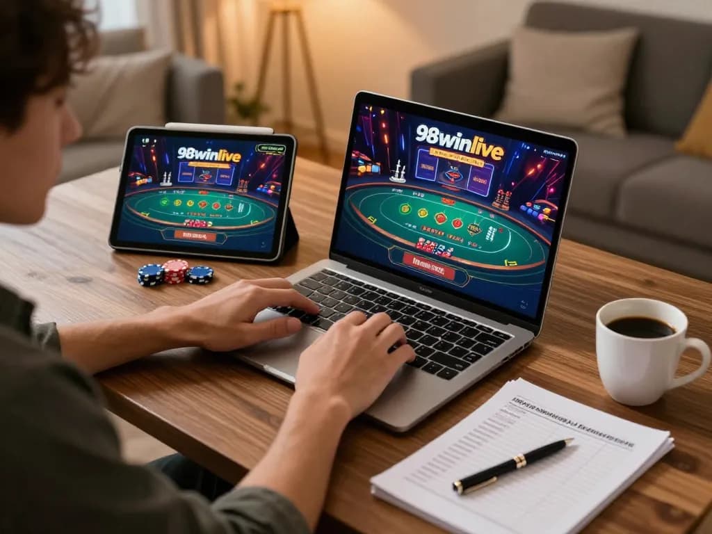 Engaging online gaming experience on 98winlive with user immersed in responsible gaming practices.