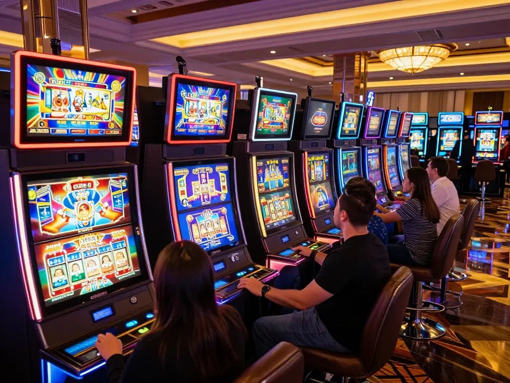 Players enjoying slot depo 4k machines with vibrant displays in an upscale casino.