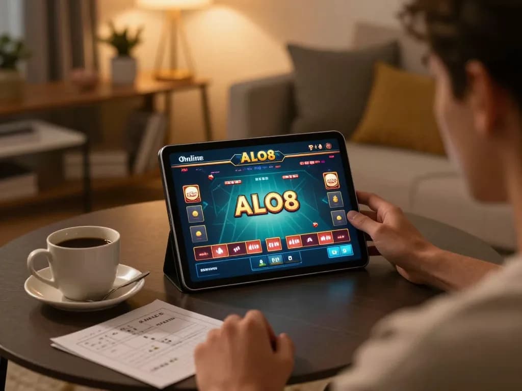 Engaging with ALO8 casino games online while relaxing at home, showcasing gaming environment