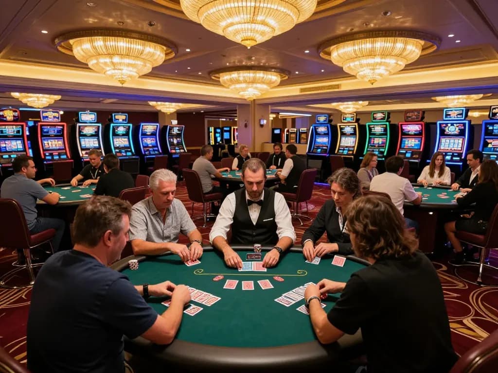 thabet players engaged in poker game with vibrant casino atmosphere and strategic layout