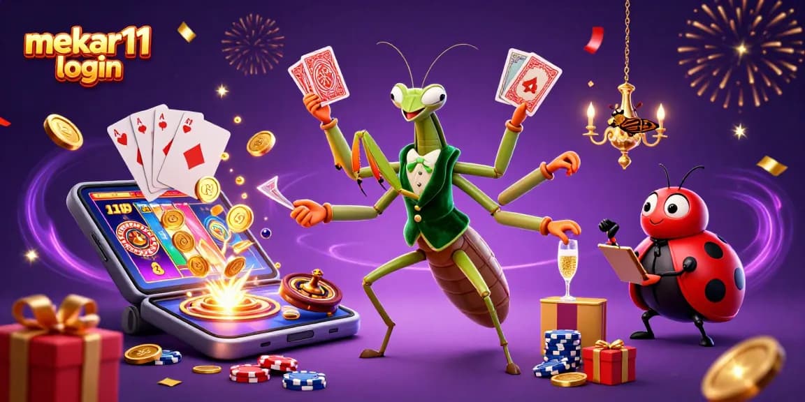 Join the excitement with mekar11 login in this vibrant 3D casino scene, filled with action and gaming elements.