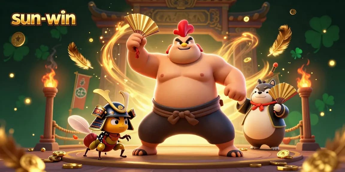 Sparkling action at the sun-win casino featuring a powerful sumo wrestler, fierce cricket, and tanuki announcer.