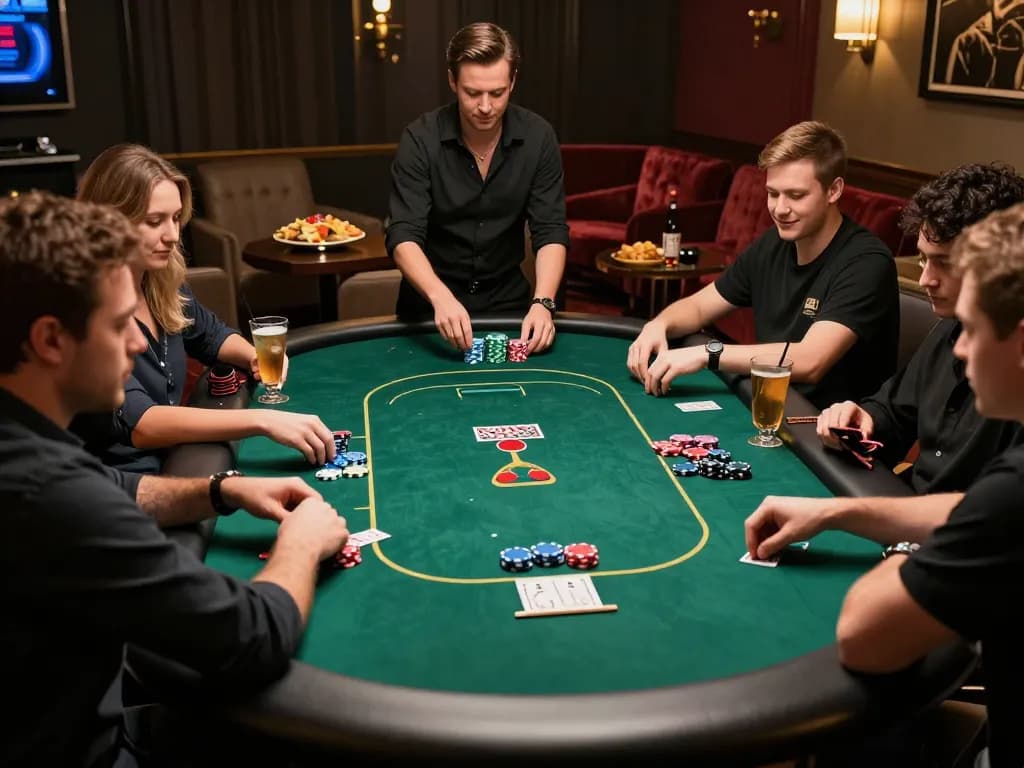 TT88 players strategizing around a poker table, showcasing an engaging gaming atmosphere.