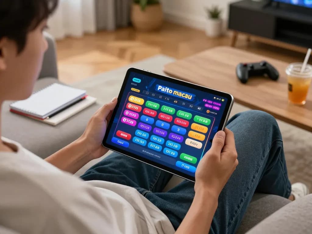 Paito macau gameplay on a tablet in a cozy home setting, emphasizing strategic online gaming.