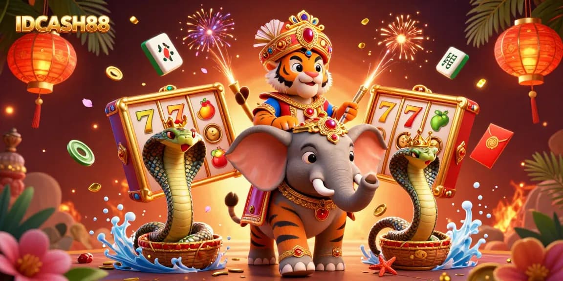 Play exciting slot games with IDCASH88 in a vibrant, festive casino scene featuring 3D characters.