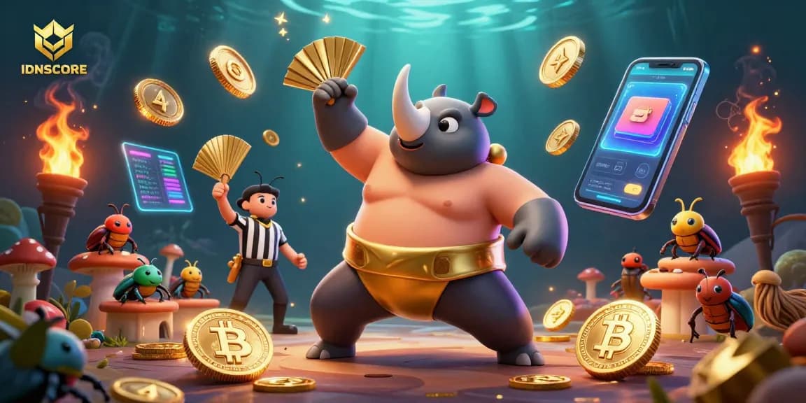 Win big with IDNSCORE while enjoying a vibrant 3D gaming experience filled with gold coins and colorful crypto elements.